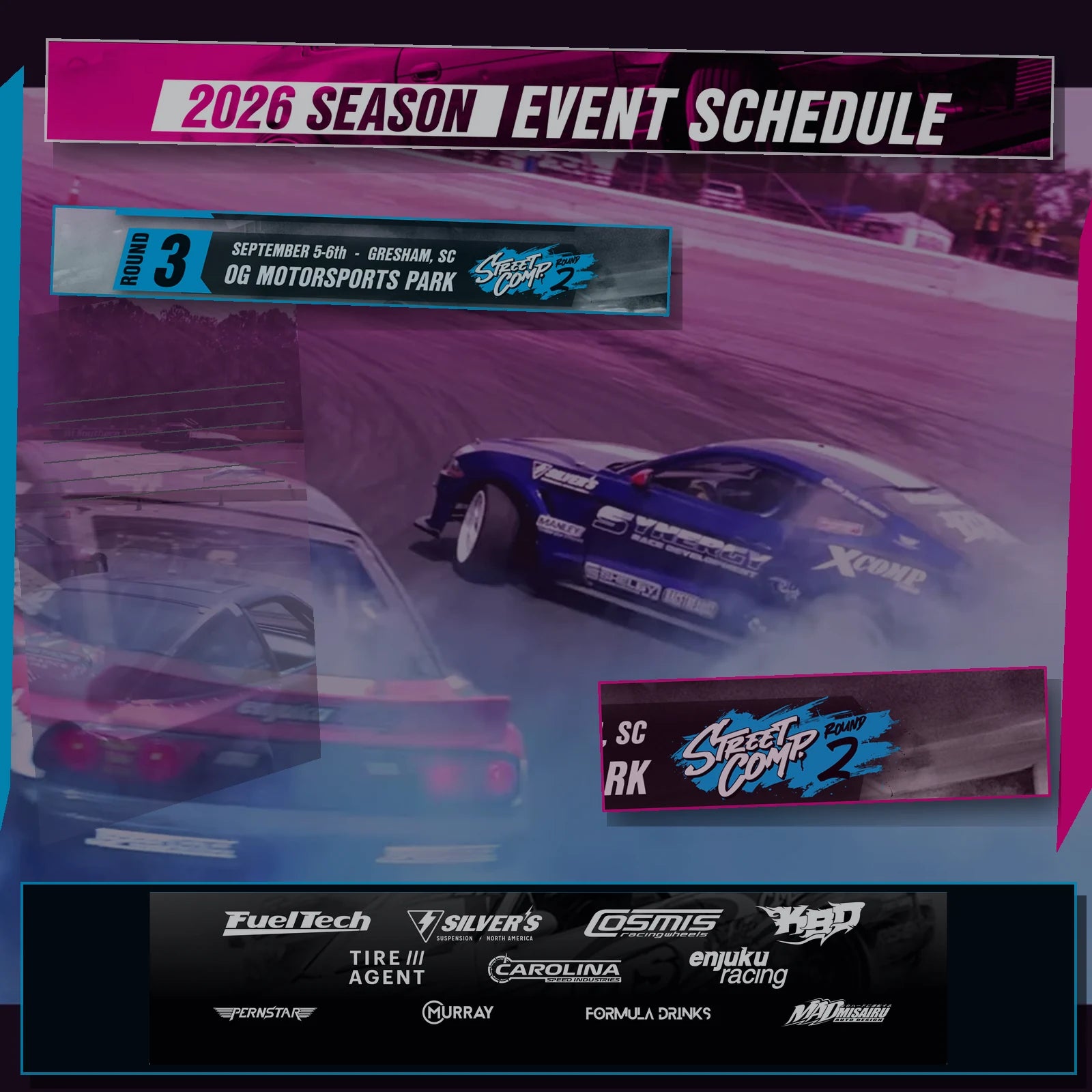 CMD 2026 event schedule collage with tandem drifting and official sponsors